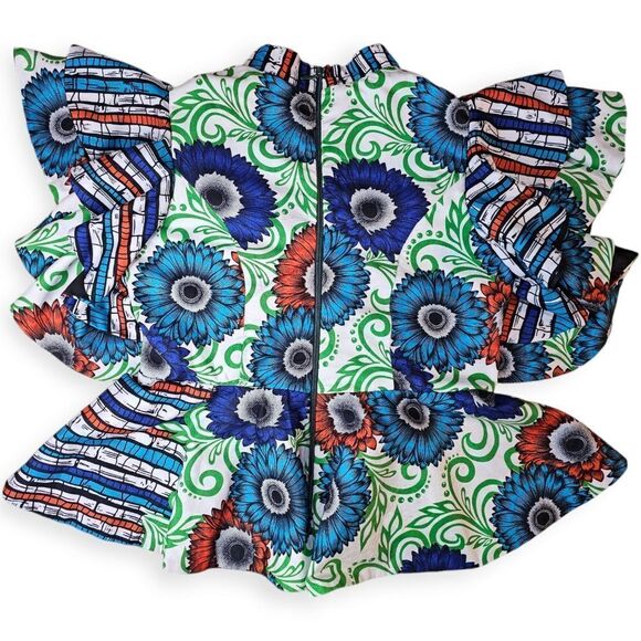 Handmade Abstract Oversized Dramatic Ruffle Sleeve Peplum Blue Green Top - Picture 6 of 9